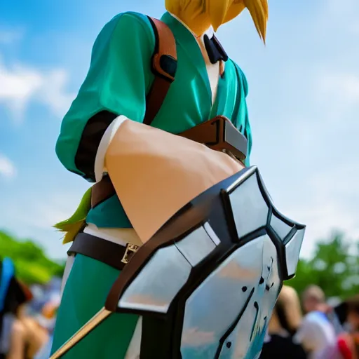 Image similar to cosplay of link from zelda at summer comiket 2 0 1 9, golden hour, 4 k, bad vibes