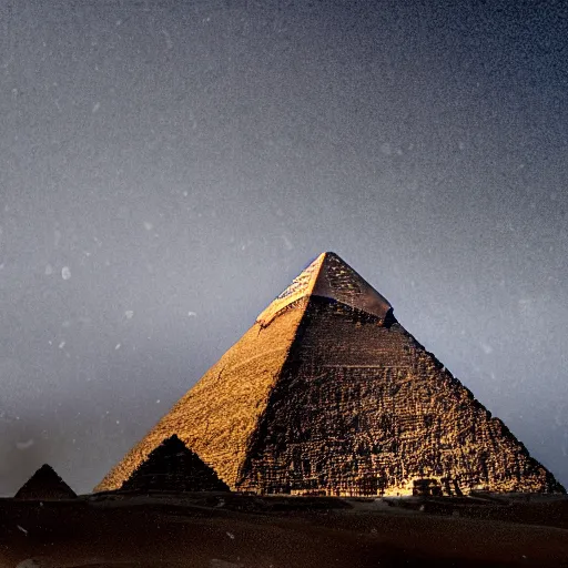 Image similar to photorealistic photograph of the great pyramid of giza in a blizzard by suzi eszterhas, photorealism, photorealistic, realism, real, highly detailed, ultra detailed, detailed, f / 2. 8 l canon ef is lens, canon eos - 1 d mark ii, wildlife photographer of the year, pulitzer prize for photography, 8 k