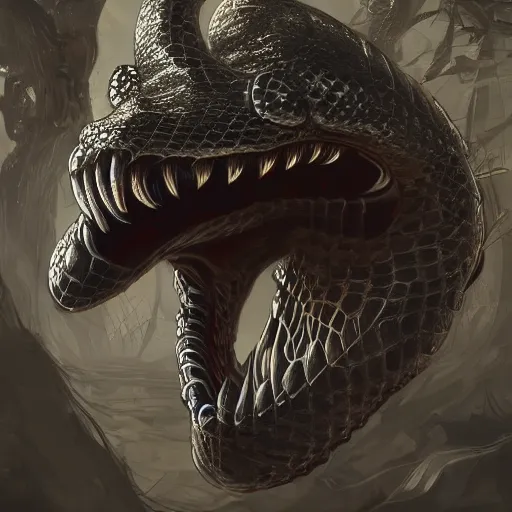 Image similar to Giant aggressive snake with a metallic skull as its head, 8k, detailed, concept art, trending on artstation