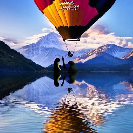 Image similar to photo of two black swans touching heads in a beautiful reflective mountain lake, a colorful hot air balloon is flying above the swans, hot air balloon, intricate, 8k highly professionally detailed, HDR, CGsociety