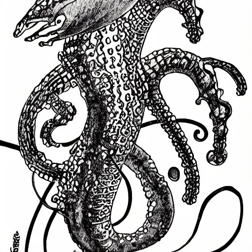 Prompt: a squid friends of a seahorse. black ink on paper tattoo design. in the style of the voinych manuscript. complete. corner to corner