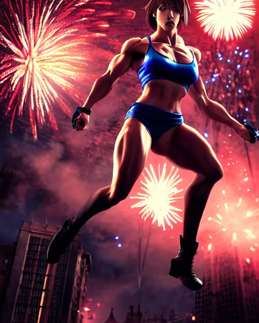 Prompt: gigachad jill valentine bodybuilder jumping in front of a fireworks show fighting in racoon city, fantasy character portrait, ultra realistic, anime key visual, full body concept art, intricate details, highly detailed by greg rutkowski, ilya kuvshinov, gaston bussiere, craig mullins, simon bisley