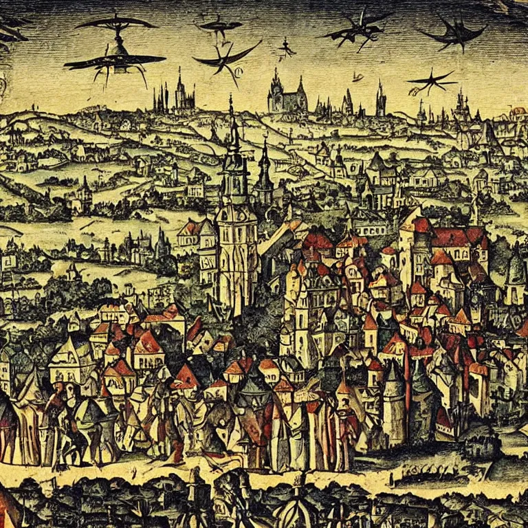 Prompt: group of peasants witnessing ufo flying saucer landing in 1493, Prague in the background, Liber Chronicarum, detailed beautiful medieval painting illustration