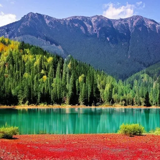 Prompt: beautiful lake in the forest. the mountains on background. summer, shiny weather. hermann nitsch