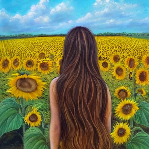 Prompt: a girl in amazing tall sunflower field, her hair flowing down, subtle, intricate details, real masterpiece, oil on canvas, by somsak anong