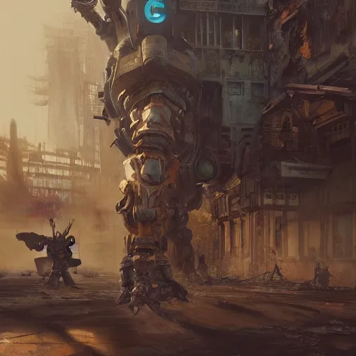 Image similar to six feet tall mech fighting in an urban environment, gaudi, by gaston bussiere, by ismail inceoglu, octane render, by weta digital, cinematic lighting, bump mapped, lumen reflections, action scene screenshot, epic scale