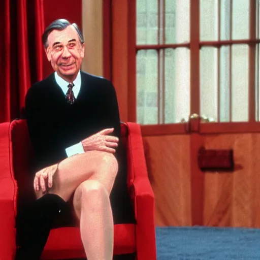 Prompt: Elvira sitting next to Mr. Rogers 8k hdr