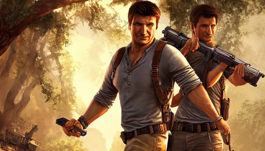 Prompt: nathan fillion is nathan drake from uncharted, hyperdetailed, artstation, cgsociety, 8 k