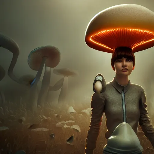 Prompt: : androgynous person with mushroom head ,hyper detailed art station  parabolic lighting contest winners unrealengine trending on artstation,cinematic, hyper realism, high detail, octane render, 8k