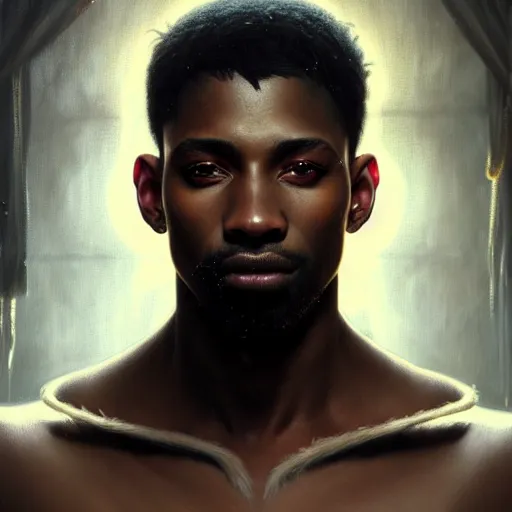 Image similar to portrait painting of a beautiful black man with cut scars and cropped hair wearing a tattered fur coat, ultra realistic, concept art, intricate details, eerie, highly detailed, photorealistic, octane render, 8 k, unreal engine. art by artgerm and greg rutkowski and charlie bowater and magali villeneuve and alphonse mucha