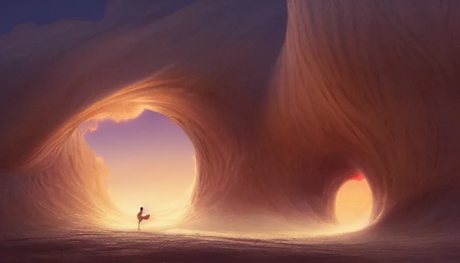 Image similar to a glowing magical portal inside a big wave made of sand fantasy desert, portal, a man watching over, lightning, arabia, by caspar david friedrich by james gilleard and justin gerard, artstation, smooth, sharp focus, by jean baptiste, octane render