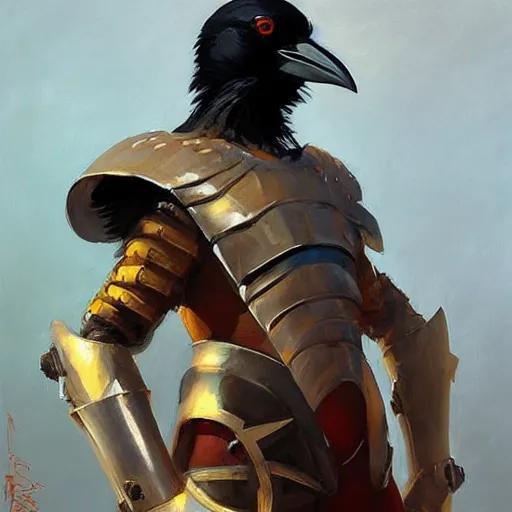 Image similar to greg manchess portrait painting of a crow inspired armor, open wings, medium shot, asymmetrical, profile picture, organic painting, sunny day, matte painting, bold shapes, hard edges, street art, trending on artstation, by huang guangjian and gil elvgren and sachin teng