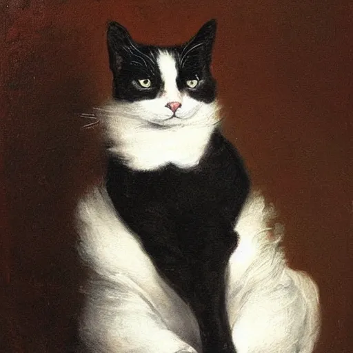 Prompt: elegant painting of a gorgeous regal black and white cat holding up one paw, in a castle, in the style of eugene de blaas