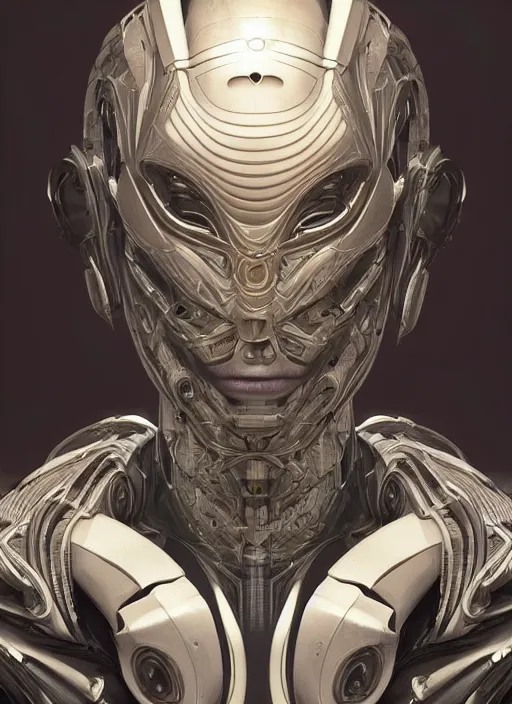 Prompt: beautiful portrait of an alien cyborg, deus ex machina, style of Feng Zhu, Artstation geometric, aesthetic, big eyes, smooth skin, unique features, symmetrical, intricate crown, volumetric lighting, streetwear, cyberpunk, detailed, octane render, cinematic, 8k, brown skin, retro sci fi film, Stanisław Szukalski + Moebius,