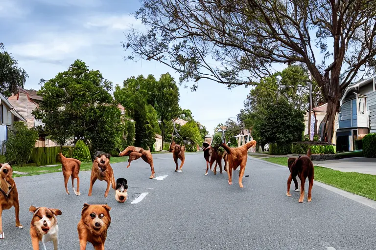 Image similar to a residential street in a suburb with dogs running directly towards the camera, wide shot