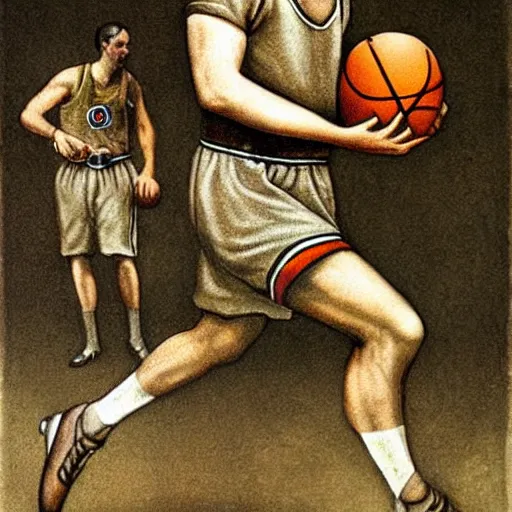 Image similar to hitler playing basketball, realistic, detailed by da vinci