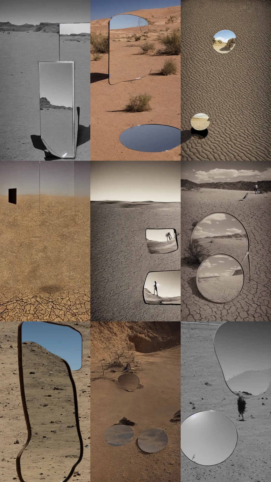 Prompt: a mirror in the desert, surrealist photography