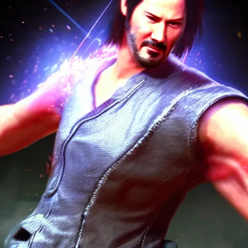 Image similar to Keanu Reeves as a character in Tekken, gameplay screenshot, photorealistic