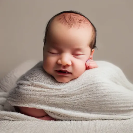 Prompt: baby with a full moustache laying on a blanket, photograph, depth of field, cute baby, olan mills, professional portrait photograph