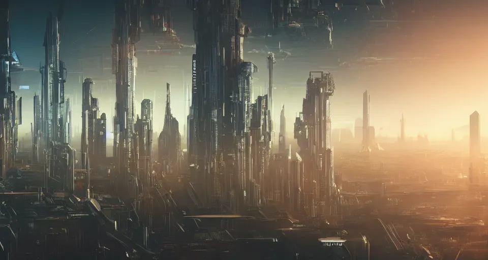 Image similar to view on futuristic city in the horizon, in style of cyberpunk, detailed, sharp, 4 k