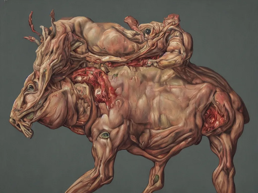 Prompt: a perfect hyperrealist painting of a human horse hybrid chimera with tumours all over its bloated swollen blasphemous body. screaming and panic. fine art, gallery lighting, solemn, and exquisite