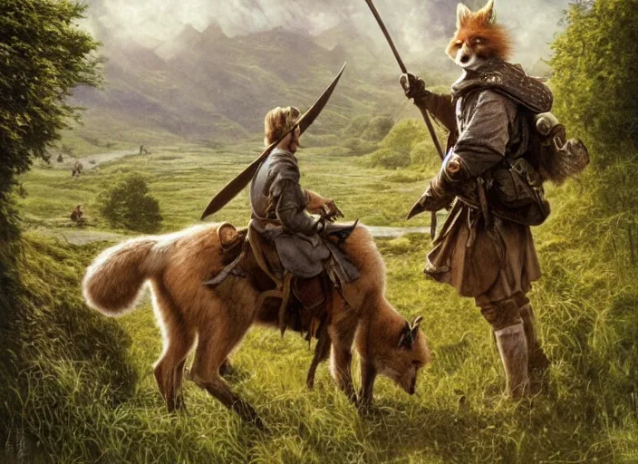 Prompt: a fox - faced ranger in the shire scenery landscape, lord of the rings, grasslands with a river, rule of thirds, gwelf, highly detailed, perfect lighting, perfect composition, 4 k, artgerm, larry macdougall, brian froud, jean - baptiste monge derek zabrocki, greg rutkowski