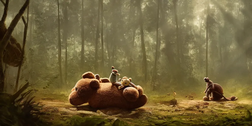 Image similar to a giant ant is riding a giant teddy bear in a forest, moody, cinematic light, art by Greg rutkowski, highly detailed, 8k