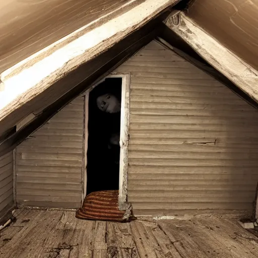 Prompt: Giga chad hides in a dark attic