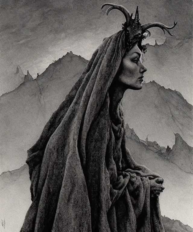 Prompt: A detailed horned lambwoman stands among the hills. Wearing a ripped mantle, robe. Perfect faces, extremely high details, realistic, fantasy art, solo, masterpiece, art by Zdzisław Beksiński, Arthur Rackham, Dariusz Zawadzki