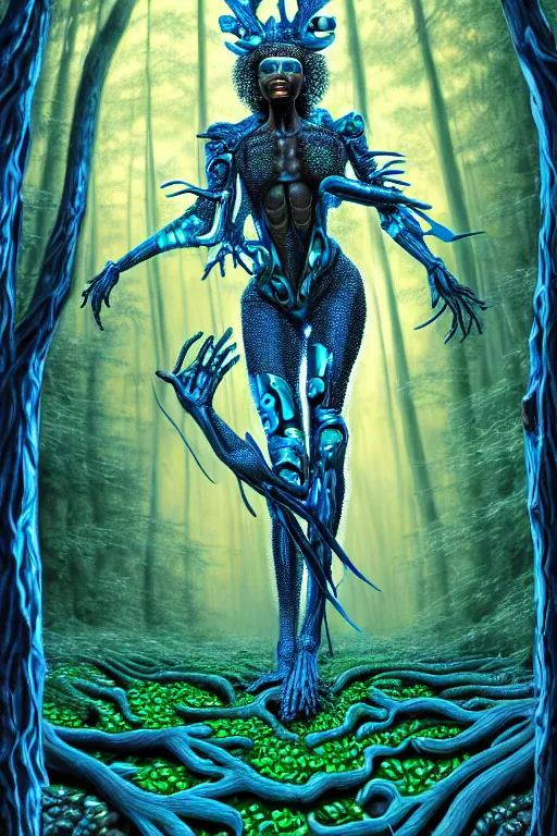 Image similar to hyperrealistic post-maximalist super expressive! black woman with exoskeleton armor, merging with tree in a forest, highly detailed digital art masterpiece smooth cam de leon hannah yata dramatic pearlescent blue teal light ground angle hd 8k sharp focus