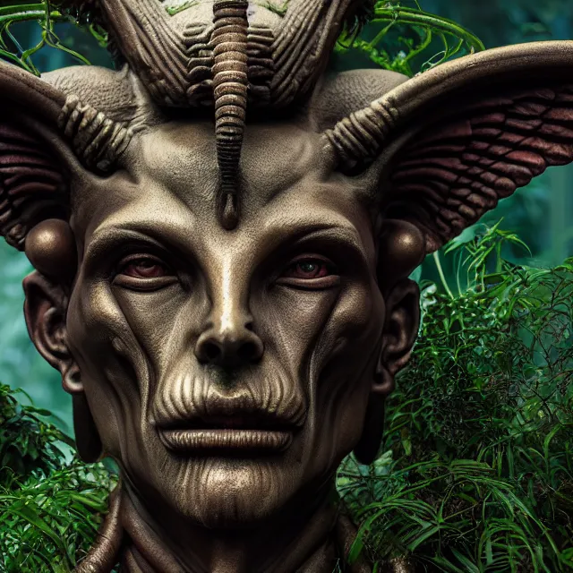 Image similar to a beautiful portrait of baphomet, 8 k, zbrush, octane, 8 k, incredibly detailed, ancient deity, androgynous, hr giger, peter gric, pablo amaringo, jack kirby, android jones, alex grey, cybernetic organism, nvidia, unreal engine, overgrown jungle ruins