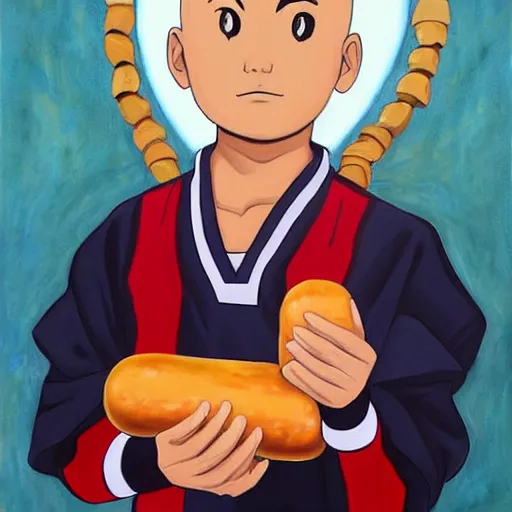 Prompt: a painting portrait of the last airbender in an arsenal jersey holding a hot dog,