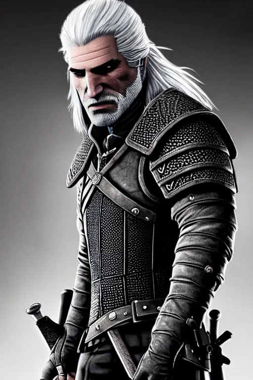 Image similar to full body portrait of geralt of rivia, casual clothes, 5 5 mm lens, professional photograph, black and white, times magazine, serious