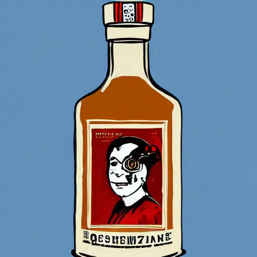 Image similar to queen elizabeth wearing skimask, lino print as whiskey bottle label