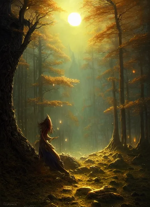 Image similar to fantasy book cover, full moon, fantasy forest landscape, golden elements, fantasy magic, dark light night, intricate, elegant, sharp focus, illustration, highly detailed, digital painting, concept art, matte, art by WLOP and Artgerm and Greg Rutkowski and Albert Bierstadt, masterpiece