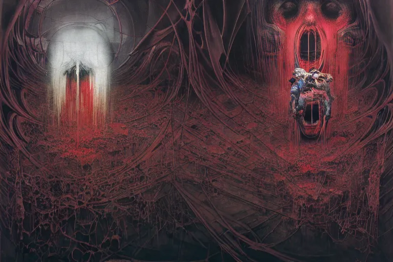 Prompt: The physical impossibility of death, in a brutalist architecture space ship, gothic, rich deep colours, creepy, diabolical, dark, mystical, intrincate,painted by Francis bacon, Adrian ghenie, James jean and Petra cortright, Part Beksinski, part by Takato Yamamoto. 8k masterpiece