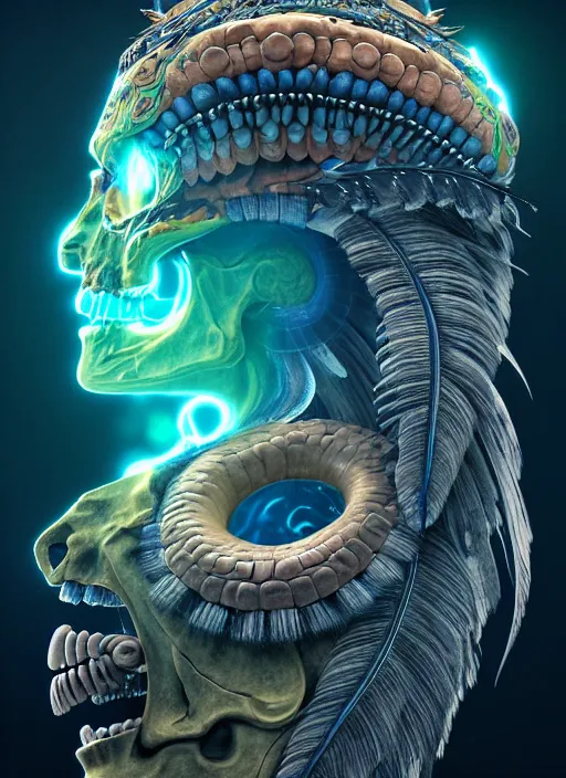 Image similar to 3 d shaman with tattoos profile portrait, sigma 5 0 0 mm f / 5. beautiful intricate highly detailed quetzalcoatl skull and feathers. bioluminescent, plasma, lava, ice, water, wind, creature, thunderstorm! artwork by tooth wu and wlop and beeple and greg rutkowski, 8 k trending on artstation,