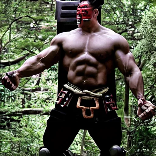 Prompt: very big very muscular very buff very strong samurai, wearing a cybernetic oni mask. The mask is cybernetic and scary. Movie still