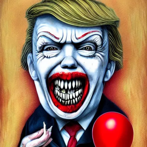 Image similar to grunge painting of donald trump with a wide smile and a red balloon by chris leib, loony toons style, pennywise style, corpse bride style, horror theme, detailed, elegant, intricate