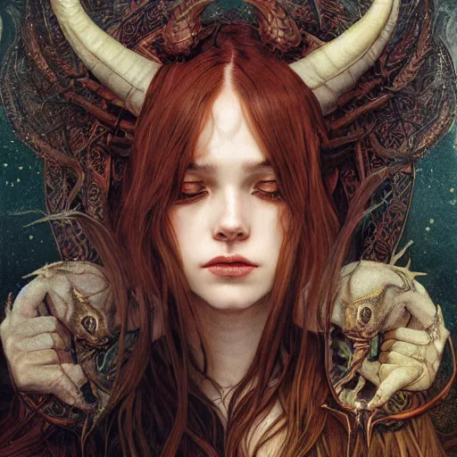 Image similar to a beautiful illustration of a satanic witch with horns in head holding a dragon, intricate, sharp focus, illustration, highly detailed, digital painting, concept art, matte, art by wlop and artgerm and greg rutkowski and alphonse mucha, masterpiece