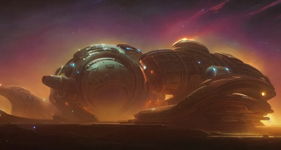 Image similar to Retro futuristic Sci-Fi space scene, Giant Aztec spaceship, nebulas swirls, dusk lighting ,by denis villeneuve, Ridley Scott, Greg Rutkowski and Alphonse Mucha