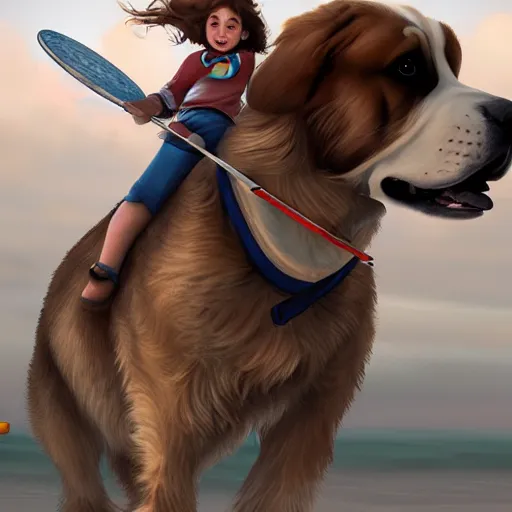 Image similar to girl riding a giant saint Bernard at the beach catching a frisbee, trending on artstation