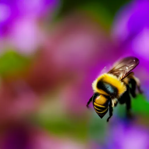 Image similar to bee comprised of flowers, legs as pedicels, wings as flower petals, sits on a finger, 5 0 mm lens, f 1. 4, sharp focus, ethereal, emotionally evoking, head in focus, volumetric lighting, blur dreamy outdoor, inspired by giuseppe arcimboldo