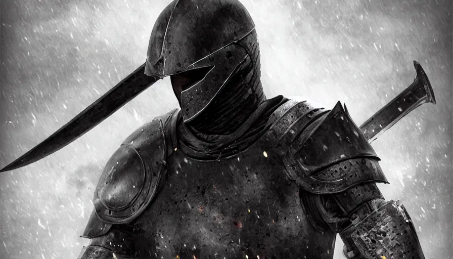 Image similar to realistic photo of a medieval dark knight wearing black iron armour and helmet at war, battle scene, brutal, fighting the enemy, dust, blood, sword, horrifying, realistic, hyper realistic, trending on artstation, digital art