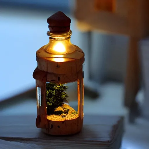 Image similar to a tiny wooden cottage with warm lights inside a terrarium bottle.