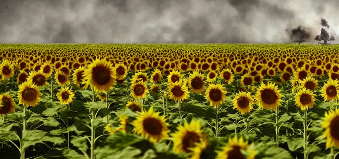 Image similar to the battle of the Somme with one single sunflower, cinematic shot, hyper realistic, hyper detailed