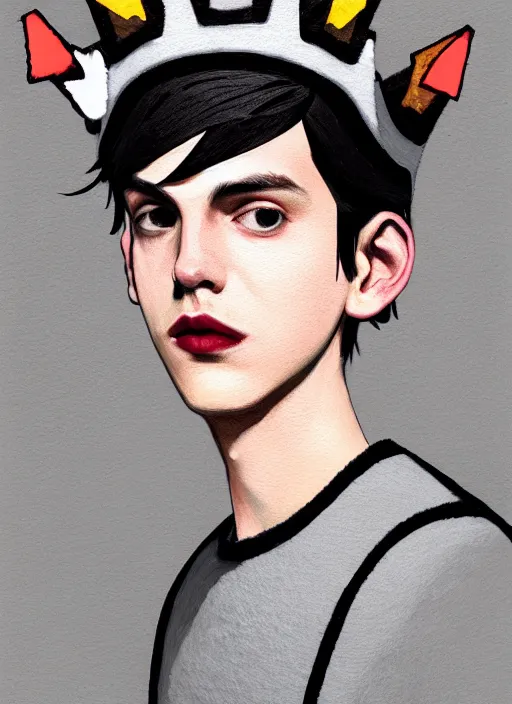 Image similar to portrait of teenage jughead jones wearing a light grey crown, photorealistic, crown made of fabric, simple crown, crown made of felt, black hair, intricate, elegant, highly detailed, digital painting, glowing lights, artstation, concept art, smooth, sharp focus, illustration, art by wlop, mars ravelo and greg rutkowski