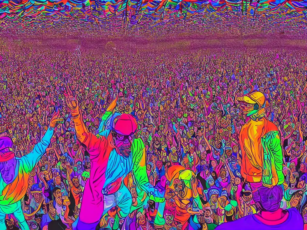 Image similar to rapping on stage at festival, holding microphone, giant crowd, epic angle, happy, psychedelic, hip hop, surreal, neon, vaporwave, detailed, illustrated by Alex Grey, 4k