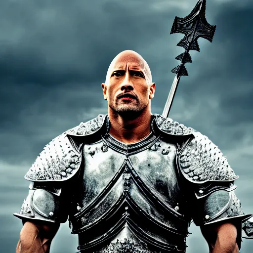 Image similar to dwayne johnson as a noble knight paladin in shining armor, intricate fractal armor, cinematic, studio photography, high detail, ultra high detail, 4 k, hdr, 8 k