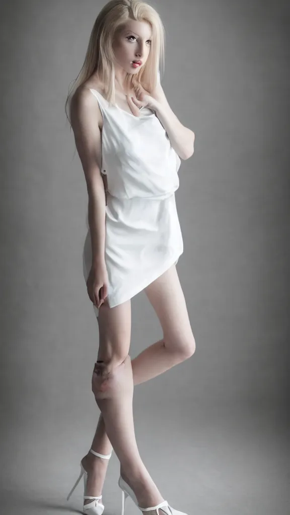 Prompt: extremely beautiful studio photo of emily skinner, looking like annie leonhart, beautiful slim legs, wearing heels and white short dress, in a white room, pale skin, bokeh, very very very very beautiful!!, hard focus, sexy dominant pose, full body shot, 9 0 mm, f / 1. 2 5